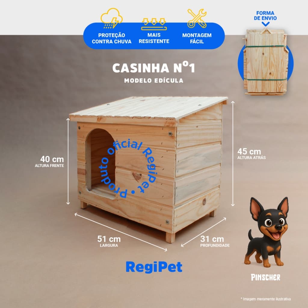 Casinha de Madeira Pinus para Cães e Gatos - Modelo Edícula Regi Pet