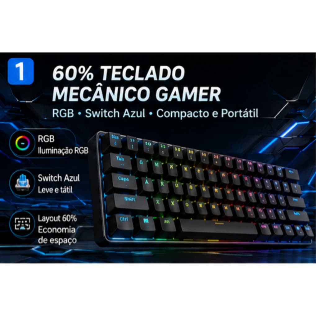 Teclado Gamer Mecânico RGB 60% Switch Blue USB-C Compacto Anti Ghosting Para PC Notebook