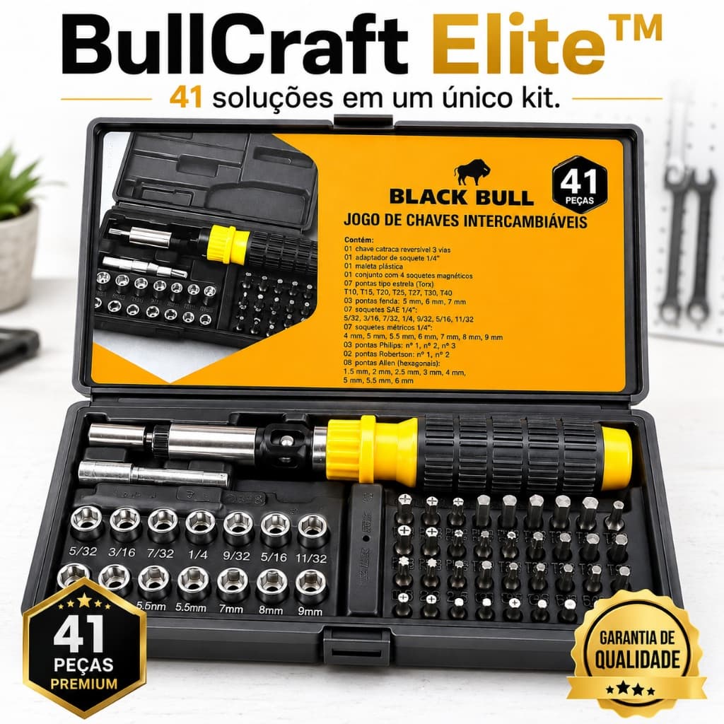 Jogo Ferramentas Completo 41 Peças Chave Catraca Reversível Soquetes Bits Allen Torx Philips Black Bull
