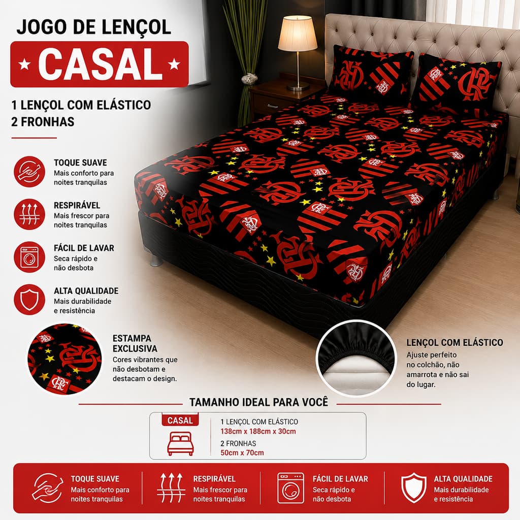 Jogo de Lençol Casal e Queen Futebol - Roupa de Cama Torcedor Vermelho e Preto Personalizado