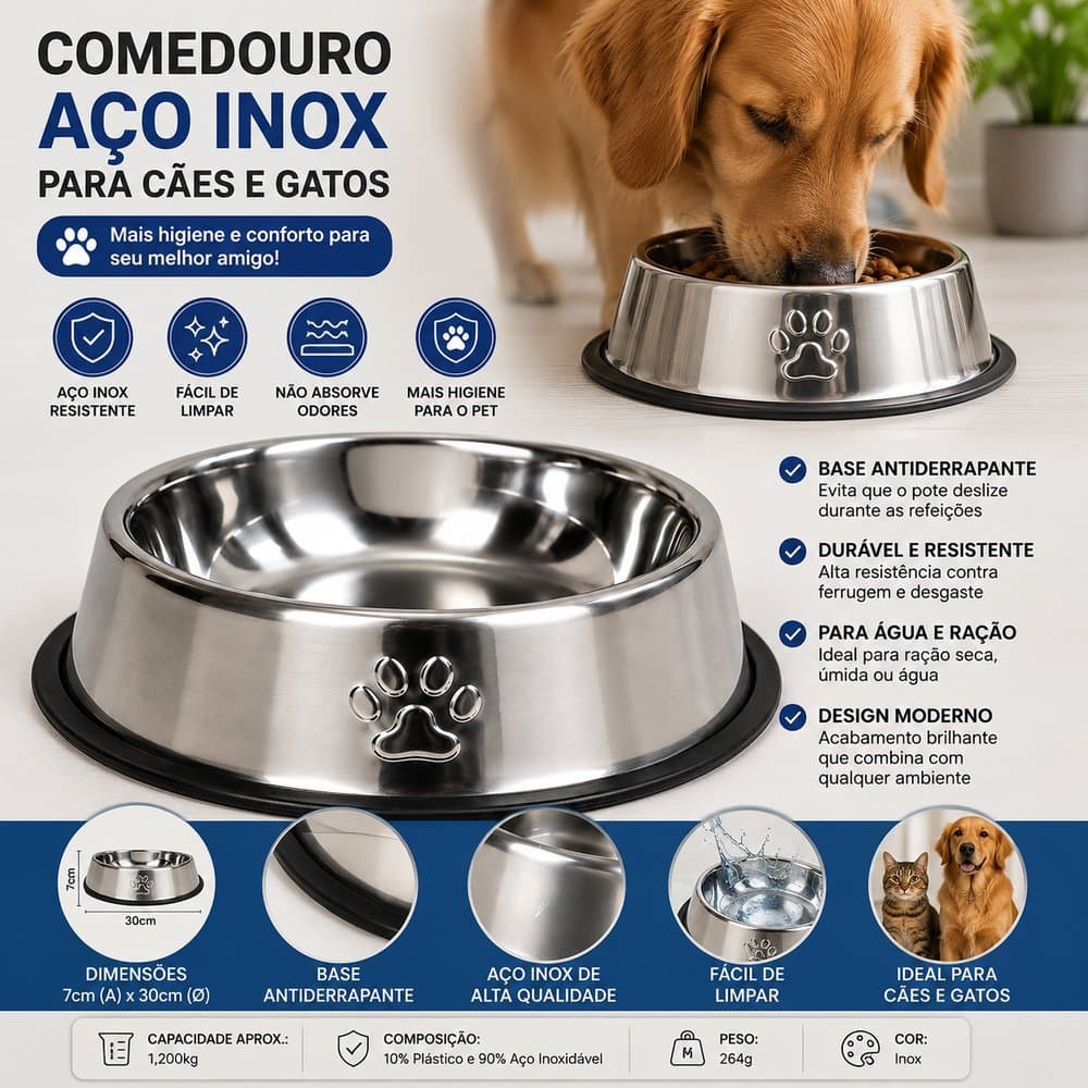 Comedouro para Cachorros e Gatos Pote para Ração e Água Inox 16cm