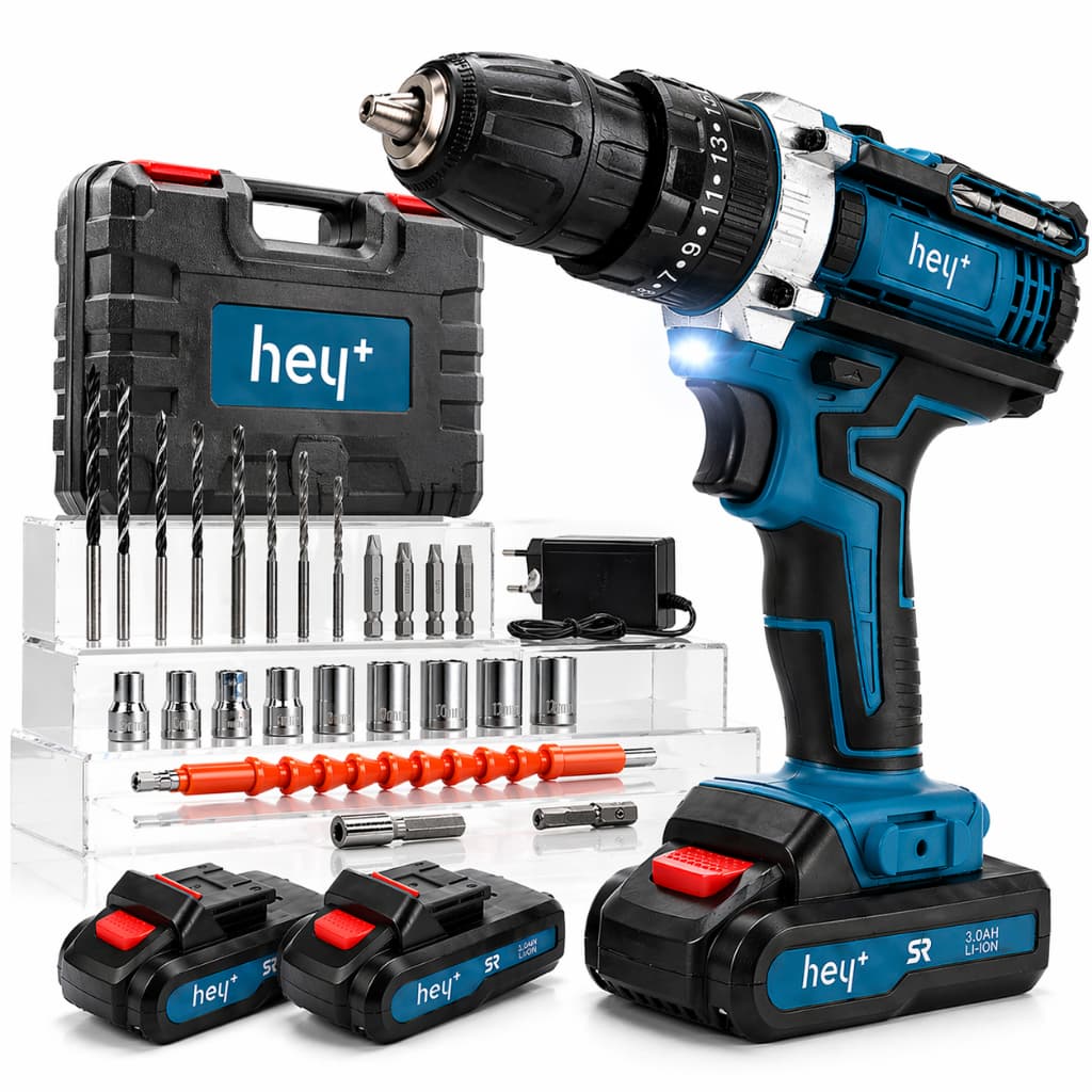 Parafusadeira Furadeira Martelete 3 em 1 Sem Fio 21V 30Nm 1350rpm Heyplus 2 Baterias 3000mAh Bivolt com Maleta