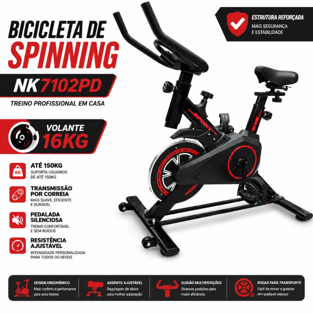 Bicicleta Spinning Ergométrica NK7102PD Volante 16kg Até 150kg Com Suporte Celular E Tablet