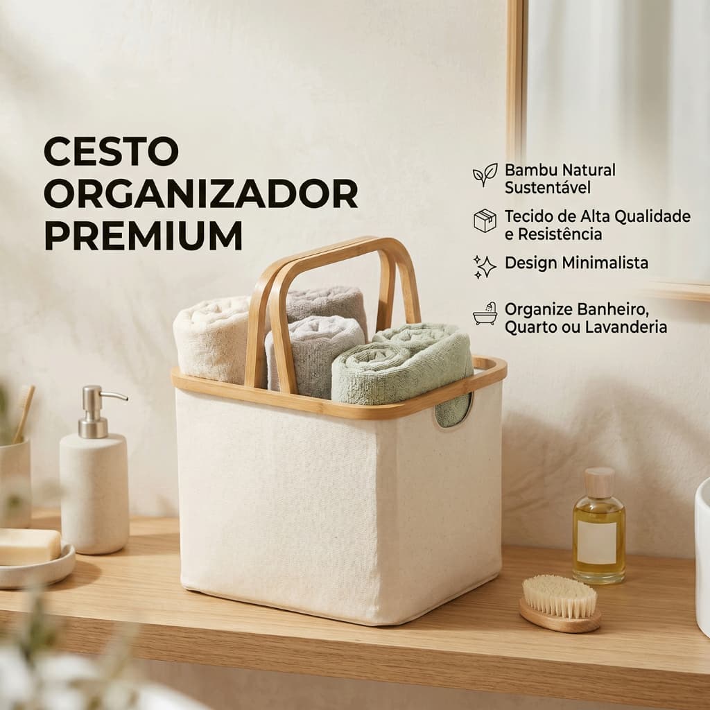 Cesto Organizador Dobrável Multiuso Tecido e Alça Bambu Roupas Banheiro Quarto