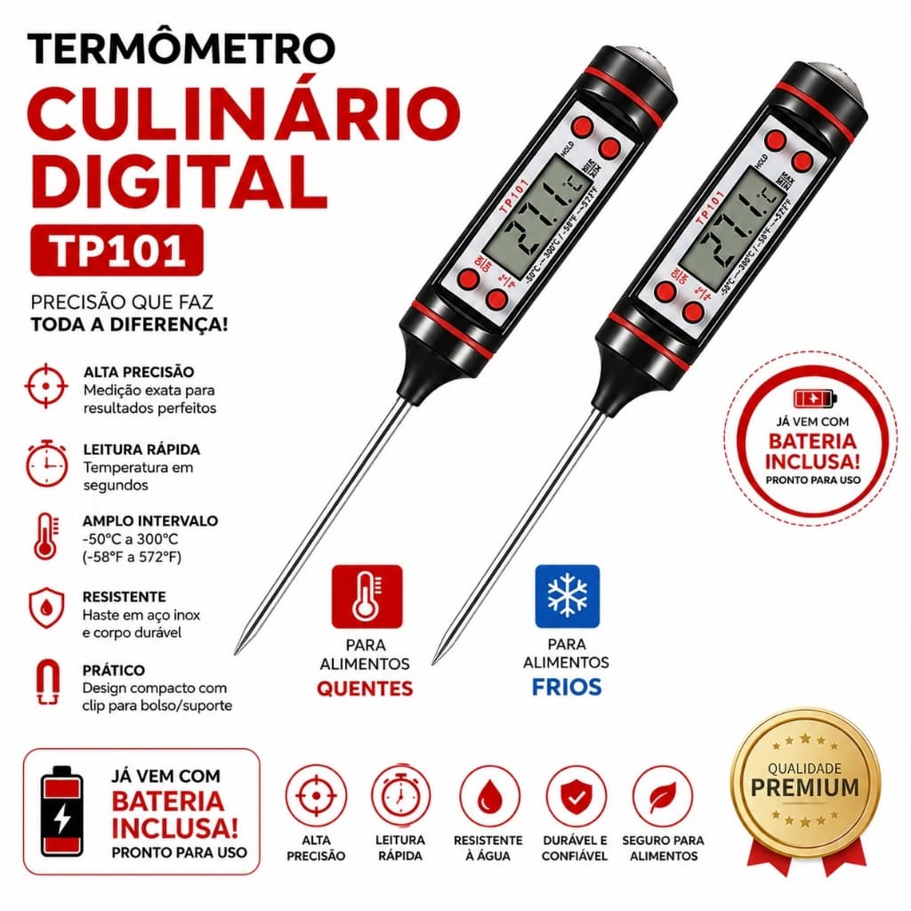 Termômetro Culinário Digital TP101 Espeto para Churrasco, Alimentos, Cozinha, Cupim, Chocolate