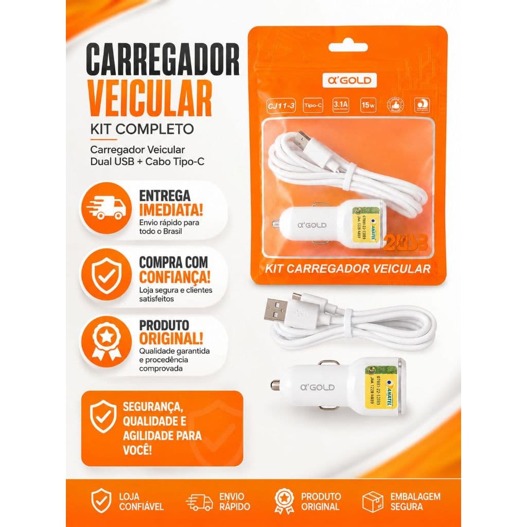Carregador veicular tipo C kit completo cabo de 1 metro
