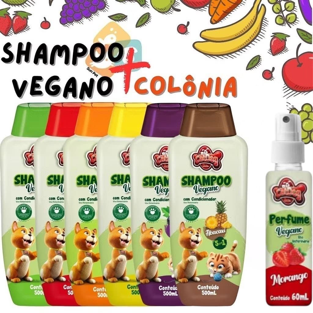Kit Banho Pet Shampoo para Cachorro Cães 500ml Veganos Cat Dog Frutas + Colônia Vegano 60ml Cães e Gatos
