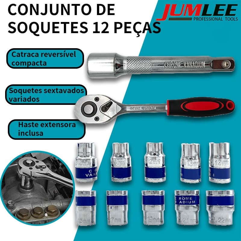 Kit 12 Peças Jogo De Soquete Chave Catraca 1/2" Automotivo Profissional