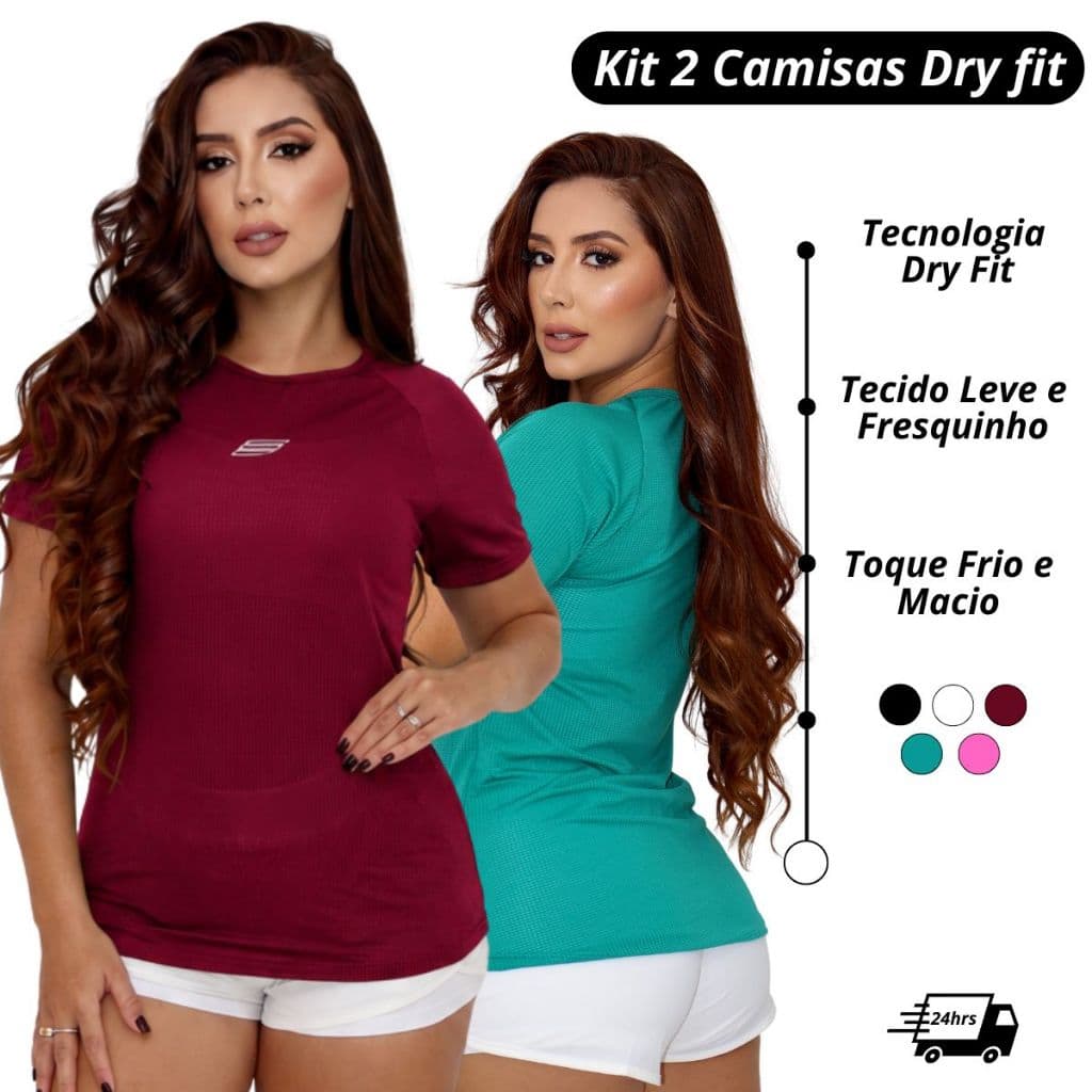Kit 2 Blusas Academia Feminina Camiseta Dry Fit Tecido Leve Respirável Caminhada Treino Musculação