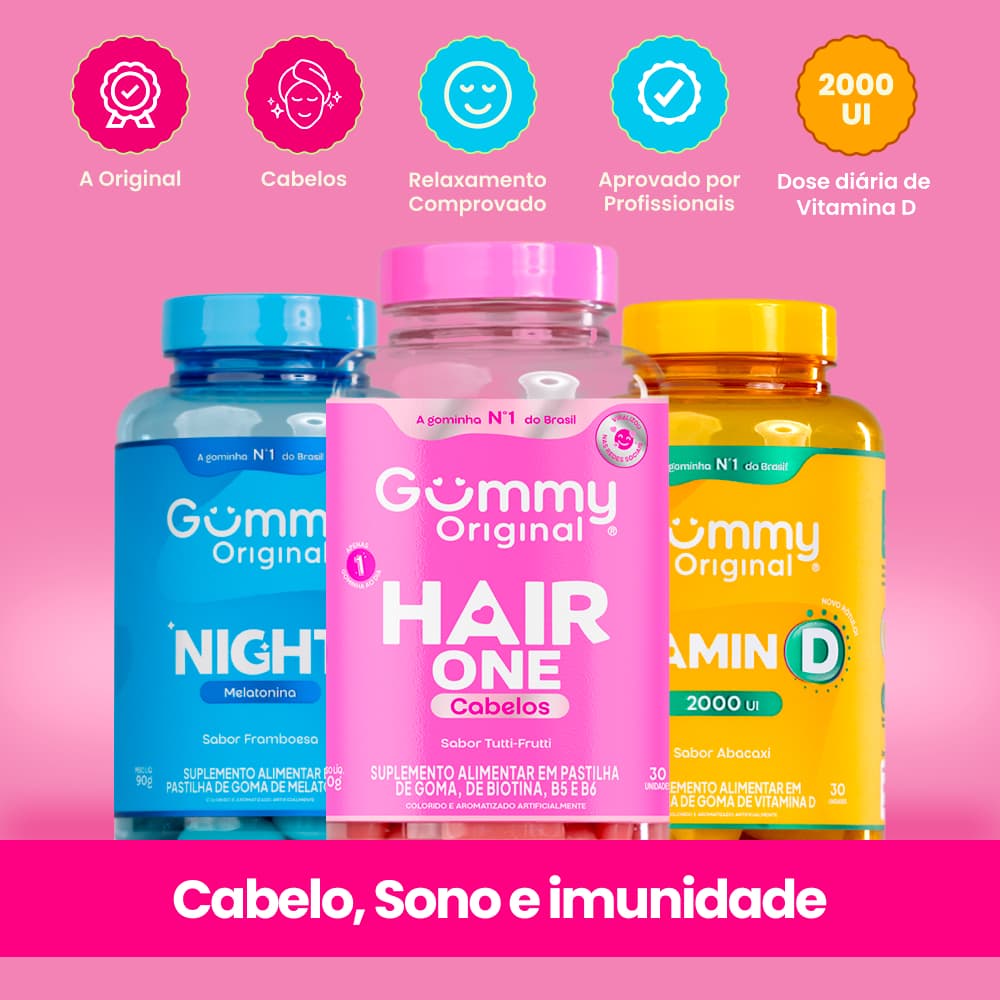 Kit Gummy Night Hair e Vitamina D 3 Frascos Melatonina Biotina Imunidade