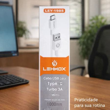 CaboTipo-C USB Turbo 1 Metro Branco 3A LEHMOX Dados e Carregador Celular Tablet Resistente Rápido