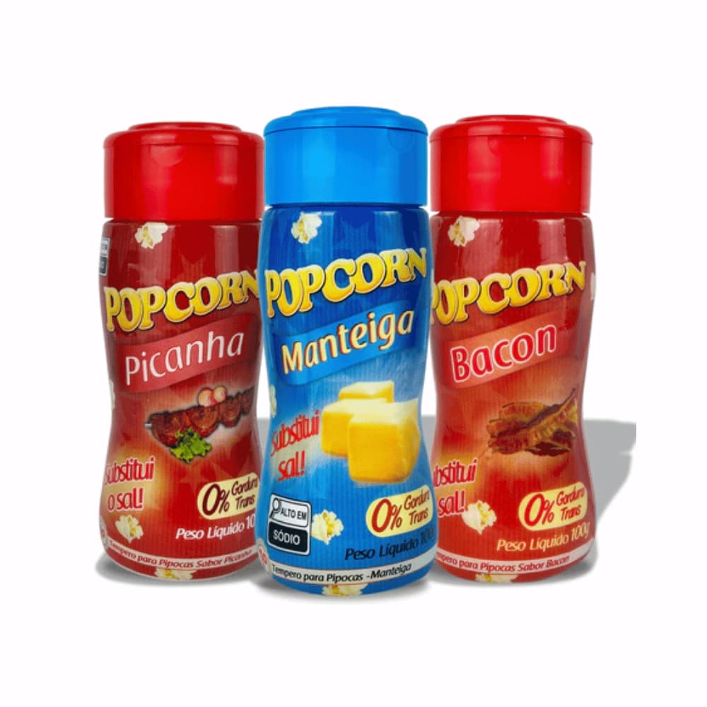 Combo 03 Temperos Para Pipoca Popcorn - 03 Sabores - Manteiga, Picanha e Bacon 100g