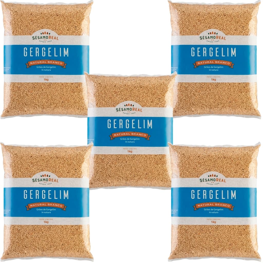 Kit 5x Gergelim Branco Grãos 100% Natural Sem Glúten Puro Vegano Para Pães Saladas 1kg Cada Saudável