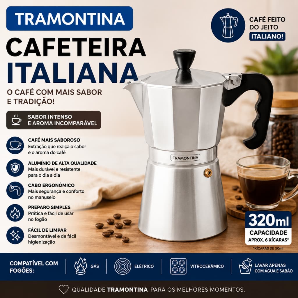 Cafeteira Expresso Italiana Tramontina Alumínio Cabo Nylon 320ml 6 Xícaras