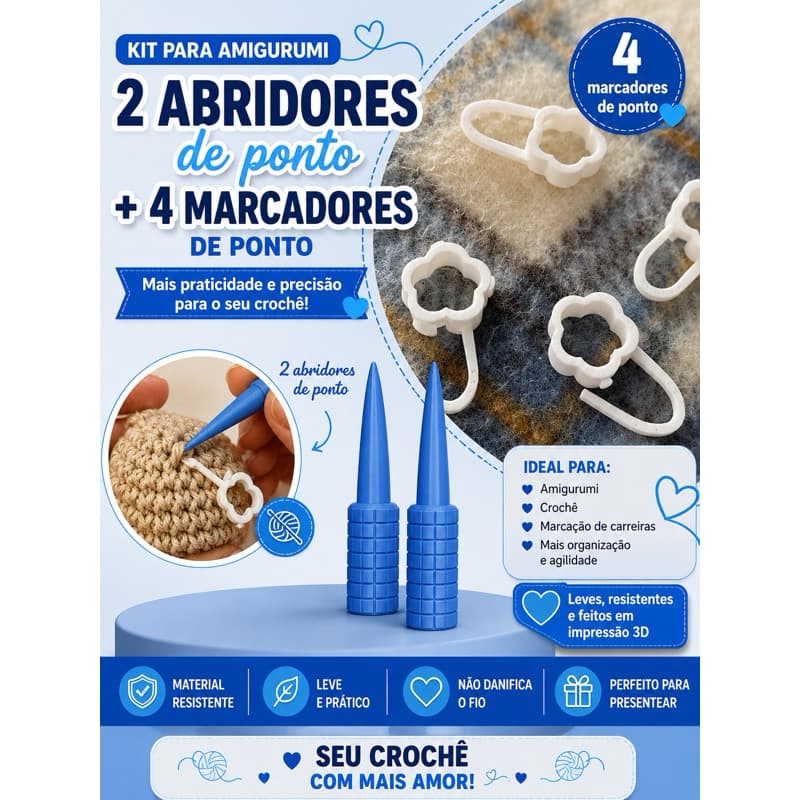 Kit Amigurumi 6 Peças – 2 Abridores de Ponto + 4 Marcadores de Ponto para Crochê e Tricô