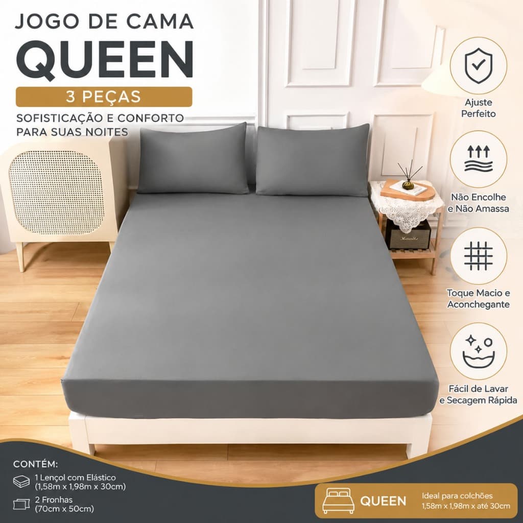Jogo De Lençol Queen 3 Peças Casal Cama Com Elástico Micropercal 400 Fios Liso