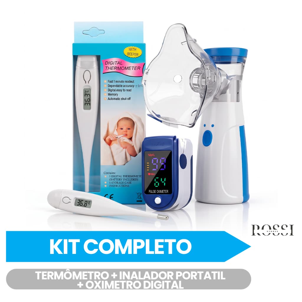 Kit Completo Termômetro Digital + Inalador Portatil Mesh + Oximetro Digital Pulse