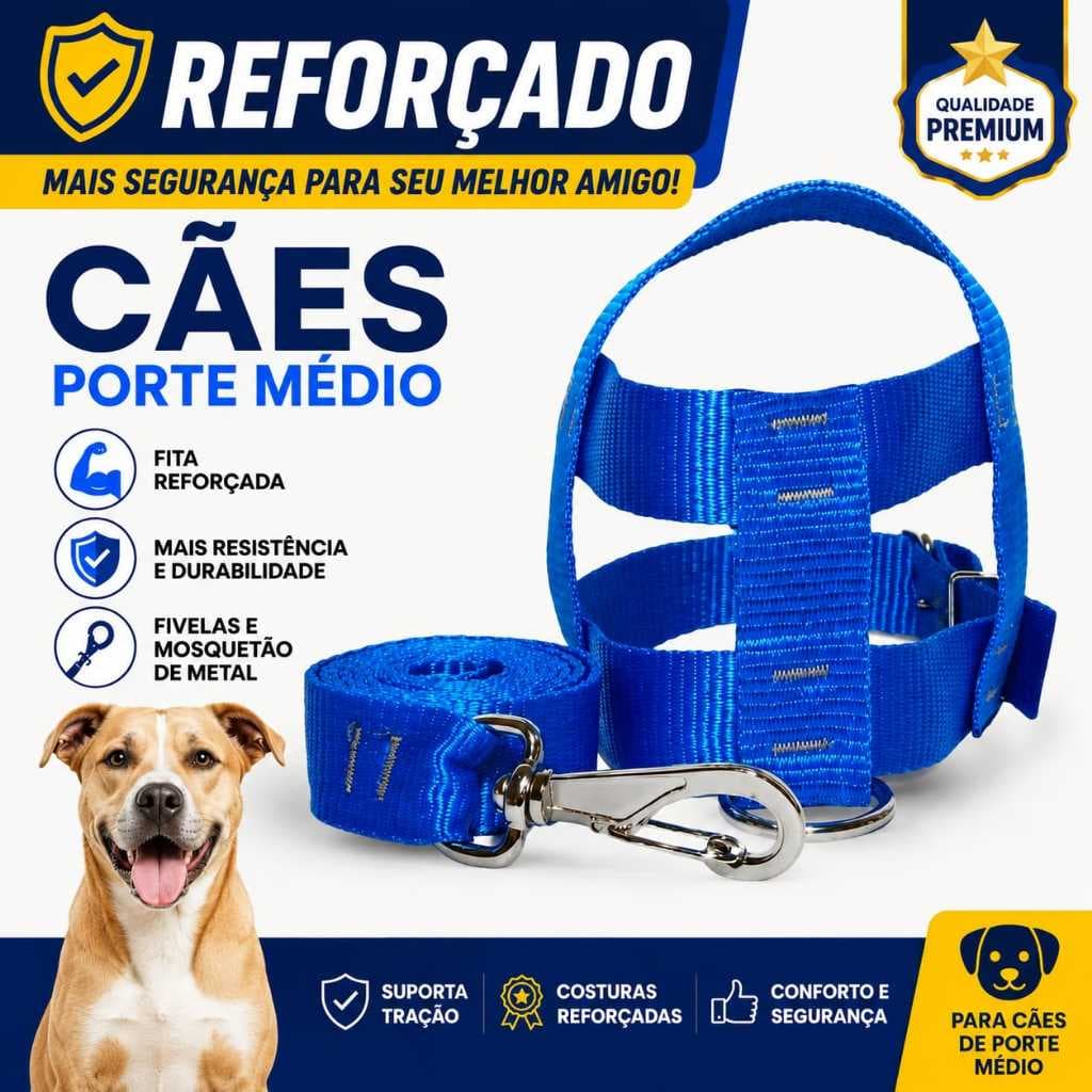 COLEIRA PEITORAL REFORÇADO+GUIA CÃES CACHORRO PORTE PEQUENO/MEDIO DIRETO DE FABRICA
