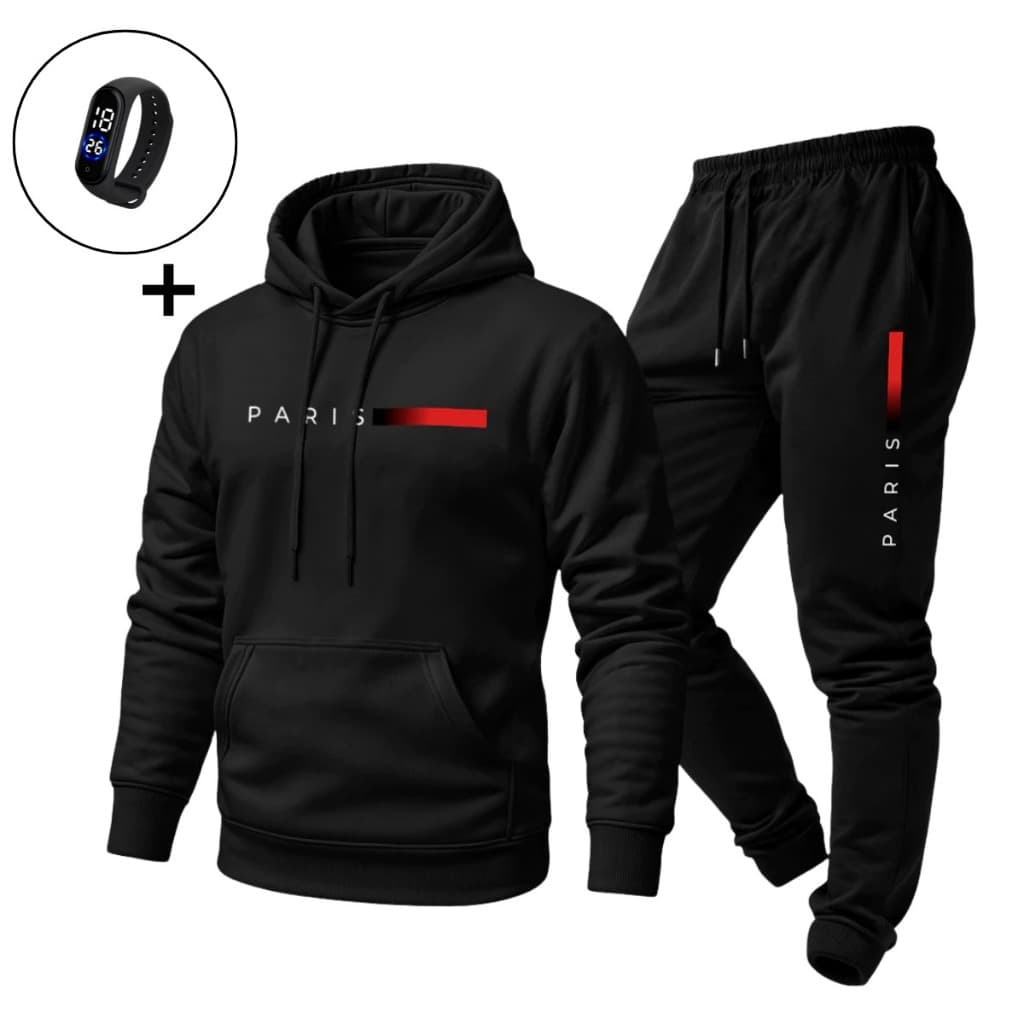 Conjunto Moletom Paris Masculino Casual Quente Confortável para Inverno com Relógio Digital