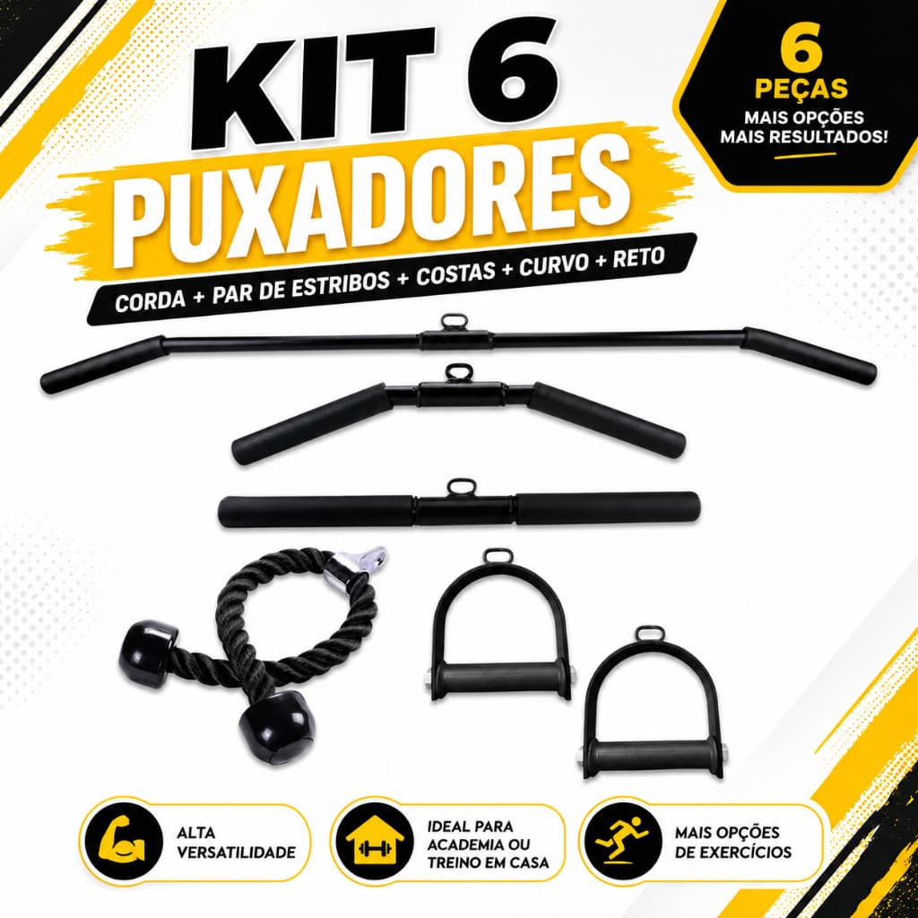 Kit 6 Puxadores Barra Reta Curva Costas Corda Tríceps Estribos Crossover Musculação Academia Treino