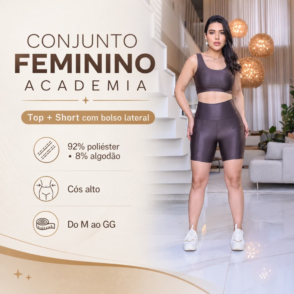 Conjunto Academia Feminino Top Com Short Fitness Bolso Lateral Roupa Treino Feminina