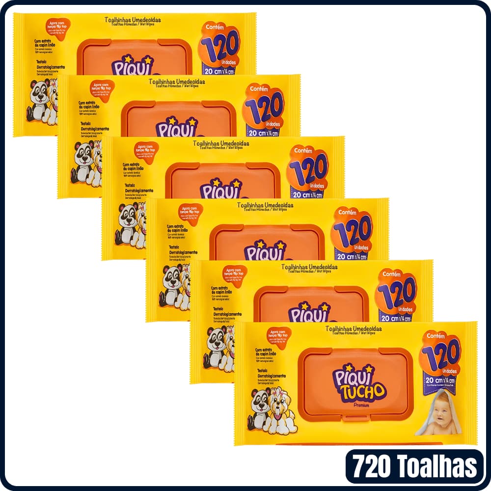 Kit 6 Pacotes de Toalhas Umedecidas Piquitucho Premium com 120 unidades cada