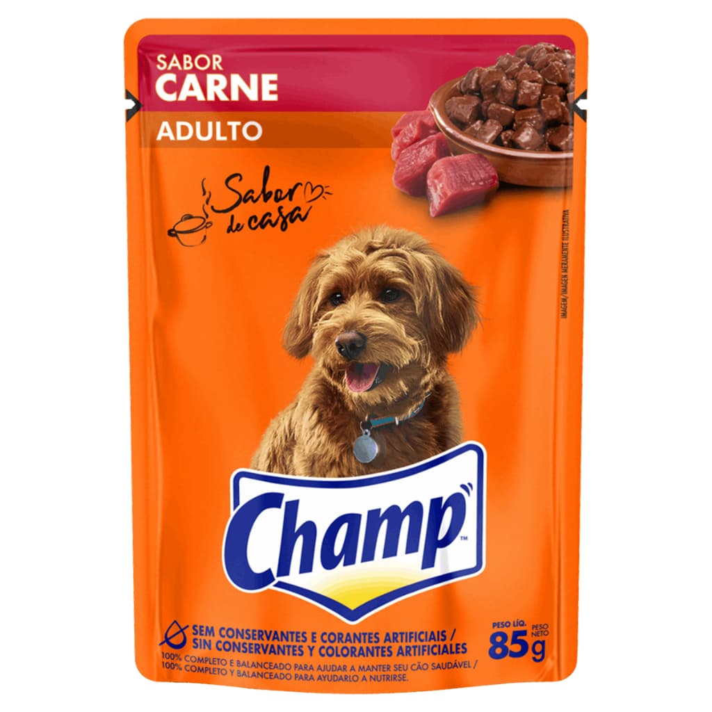Ração para cachorro Champ Adulto sabor Carne Sachê 85g- Kit com 05/08