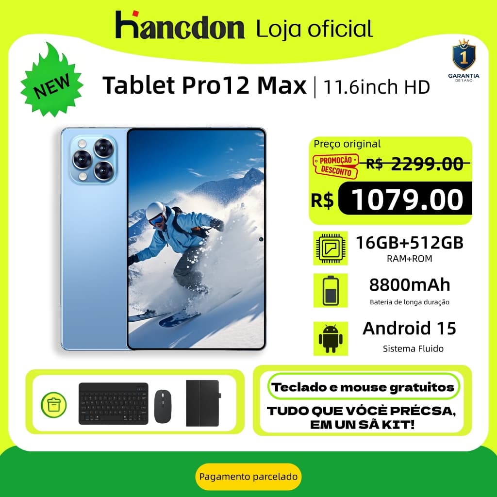【Teclado e mouse grátis】Tablet Pro12 Max 11,6 polegadas HD 16 GB + 512 GB 8800 mAh Android 5G Bluetooth Wi-Fi