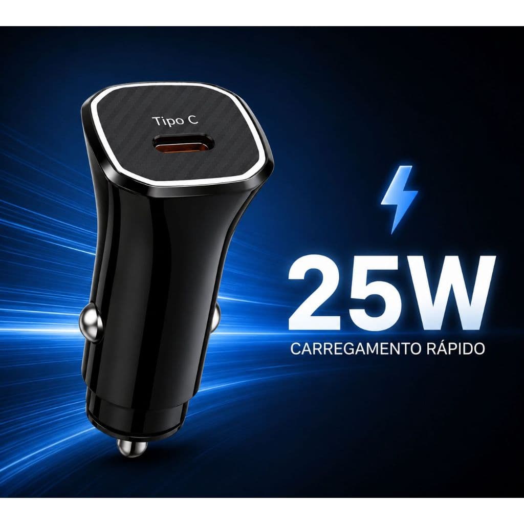 Carregador Celular Rápido Veicular Entrada De Energia Para Carro Tipo C de 25W Pequeno Cabe Na Bolsa