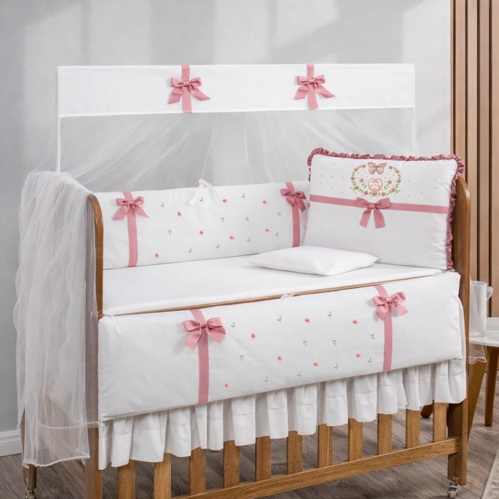 Kit Berço 10 Peças Menina com Laços Rose e Mosquiteiro - Enxoval Completo Brubrelel Baby
