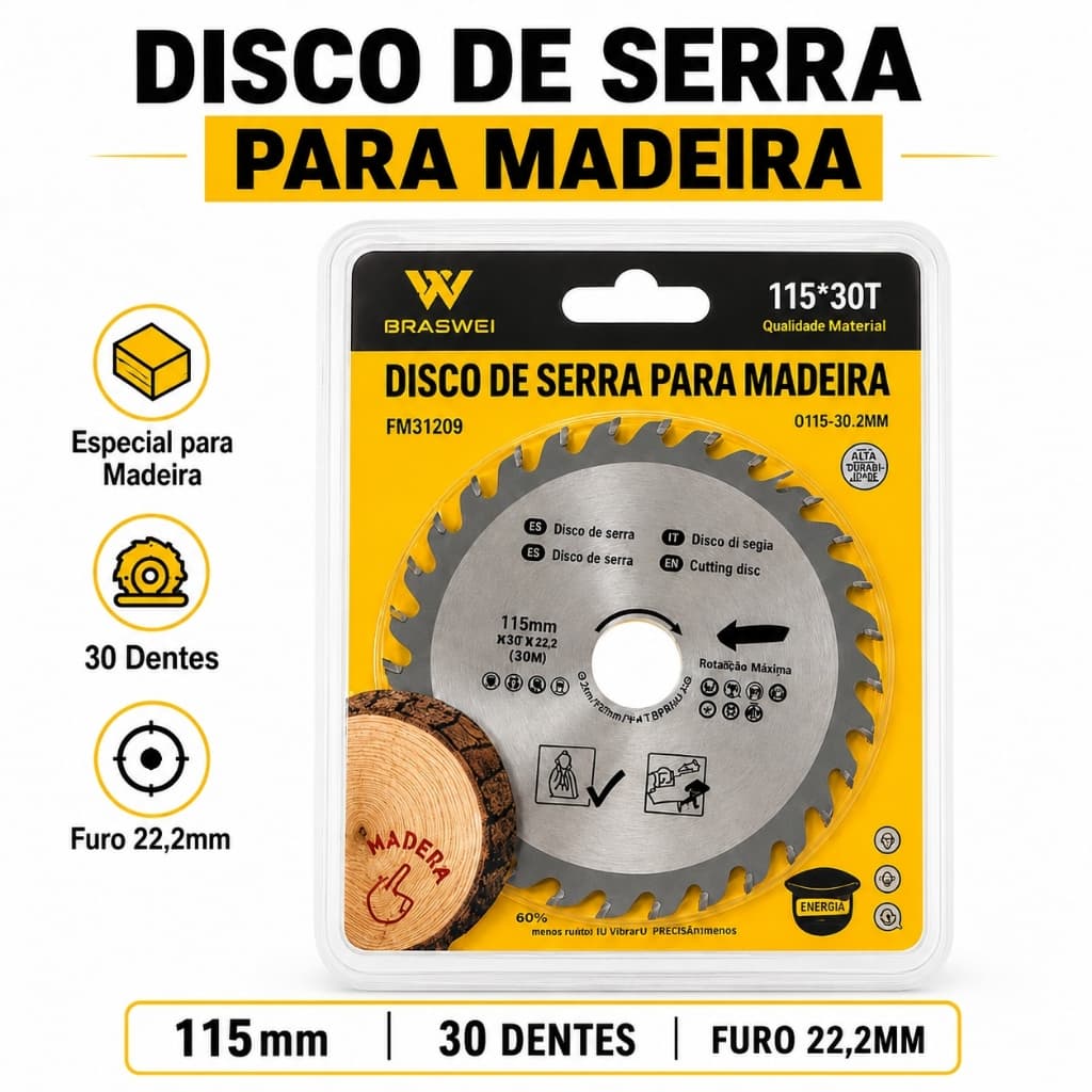 Disco De Corte Madeira 115mm x 22,2mm 30Dentes Serra Mármore Esmerilhadeira Com Widea Profissional Braswei FM31209