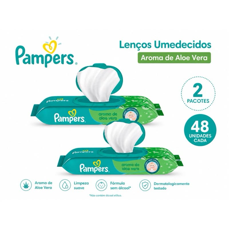 Pacotes Lenço umedecido Pampers toalha Aloe Vera 48 unidades cada