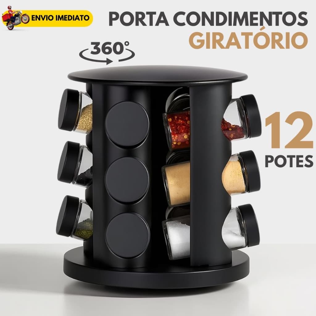 Porta Tempero Giratório 9 ou 12 Potes de Vidro Preto 360 Graus com Tampa Dosadora Organização Cozinha Condimentos