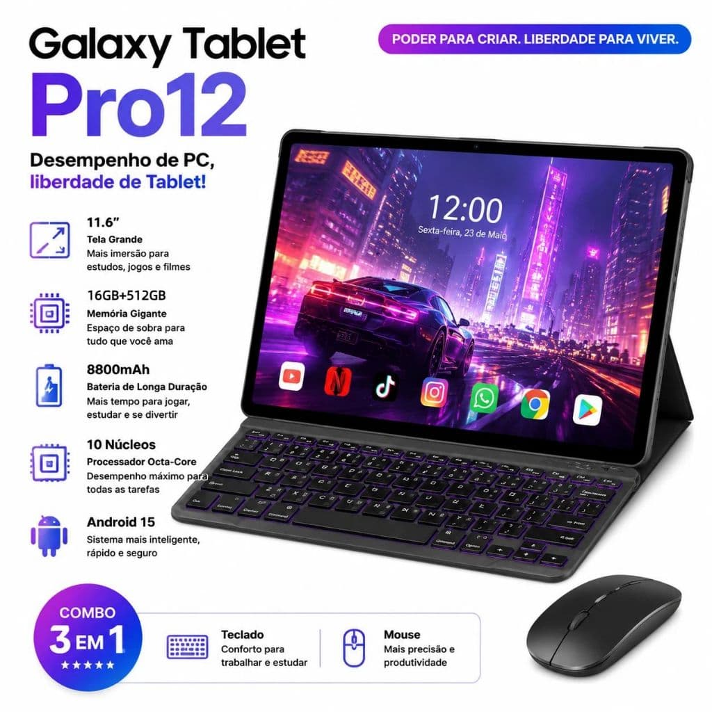 Galaxy Pro12 Tablet | 16GB RAM 512GB | Android 15 | 11.6" HD screen | 5G | With Free Keyboard and Mouse