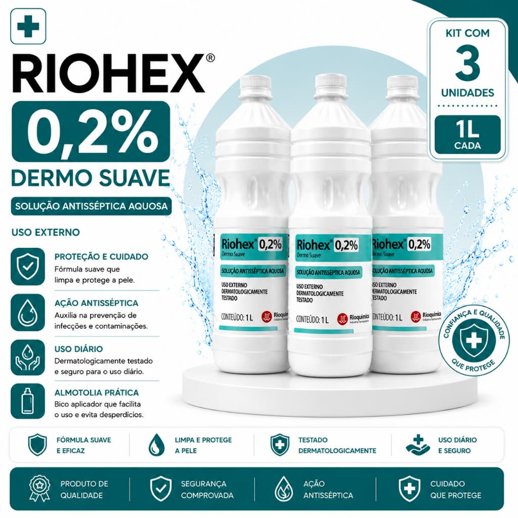 Kit c/3 Clorexidina 0,2% Riohex Solução Aquosa 1 Litro - Rioquimica