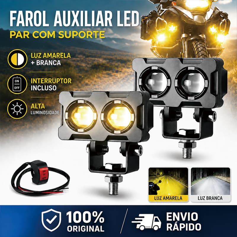 Par Farol Milha Moto 2Led Auxiliar 90W 10000LM Neblina Lampada Farol Alta qualidade Olho de Lente Auxiliar De Cor Dupla