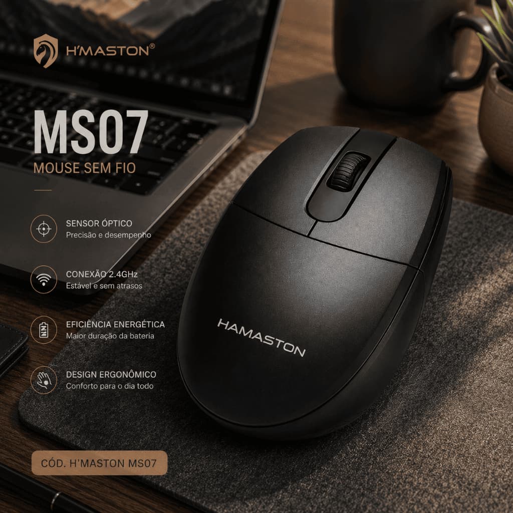 Mouse Sem fio Wireless H'maston MS07 Recarregável Silencioso Bluetooth Ergonômico Premium