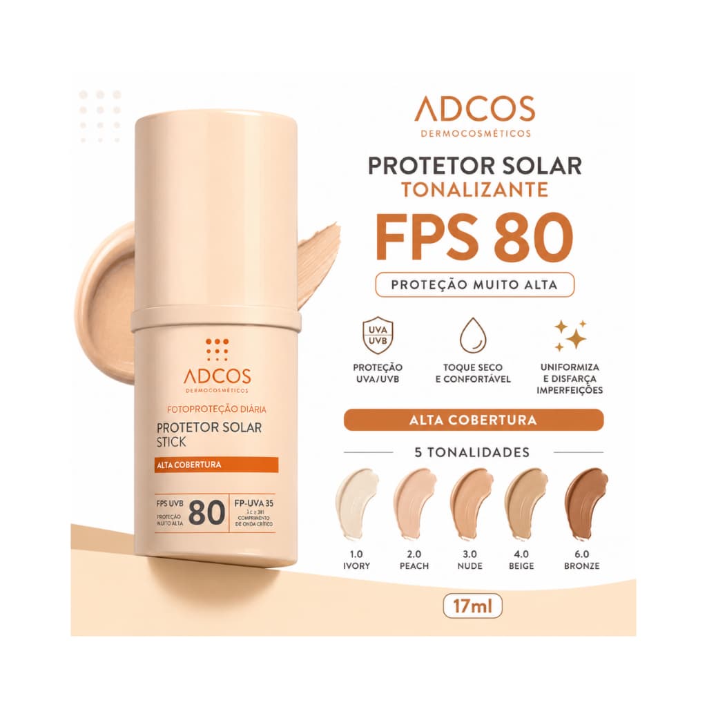 Protetor Solar Bastão Tonalizante Adcos FPS80 17g Proteção Solar Avançado Controla Oleosidade Cores