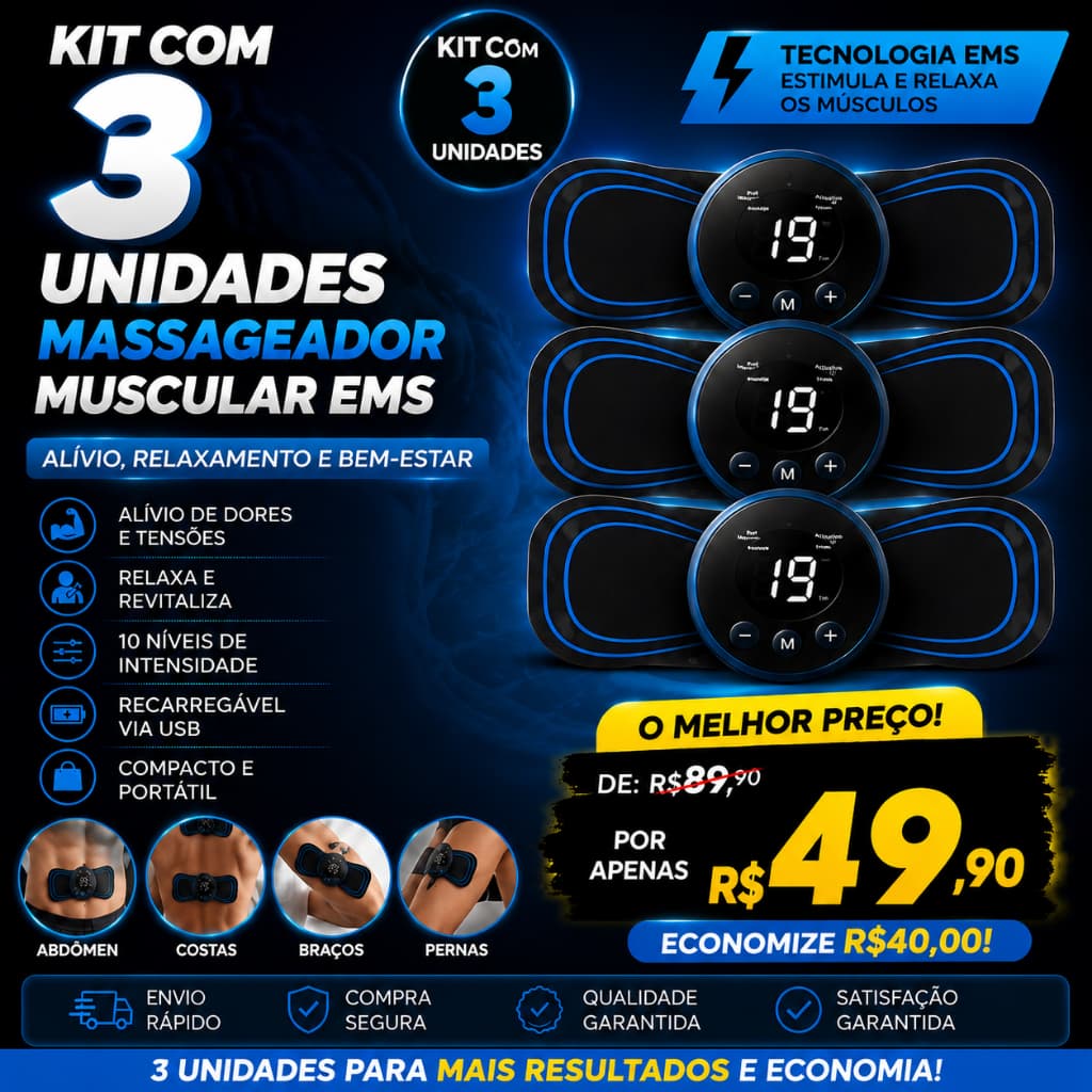 Kit 3 Massageadores Musculares EMS Recarregável USB Eletroestimulador Digital Alívio de Dores Relaxamento