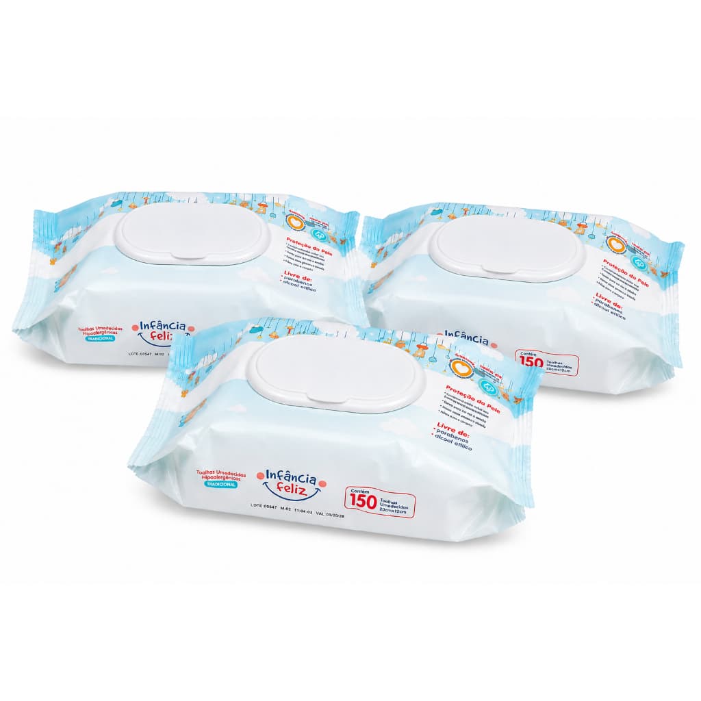 Kit 3 Pacotes Toalhas Umedecidas Infância Feliz 150 Folhas 98% Água Vegano Hipoalergênico Lenço umedecido bebê