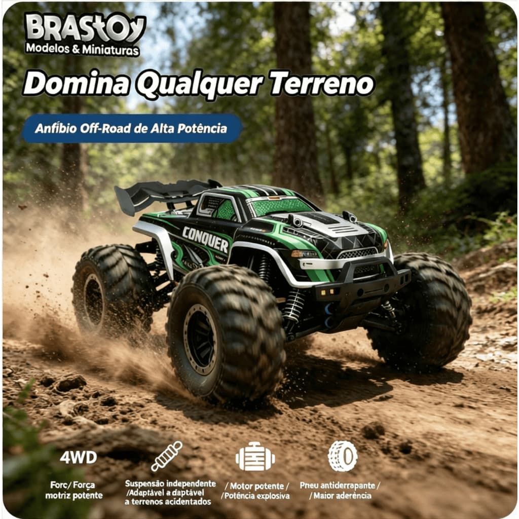 Carrinho Controle Remoto 50km/h 4X4 Automodelo Rc Competição Conquer com 2 Bateria Jeep 1:16 OffRoad