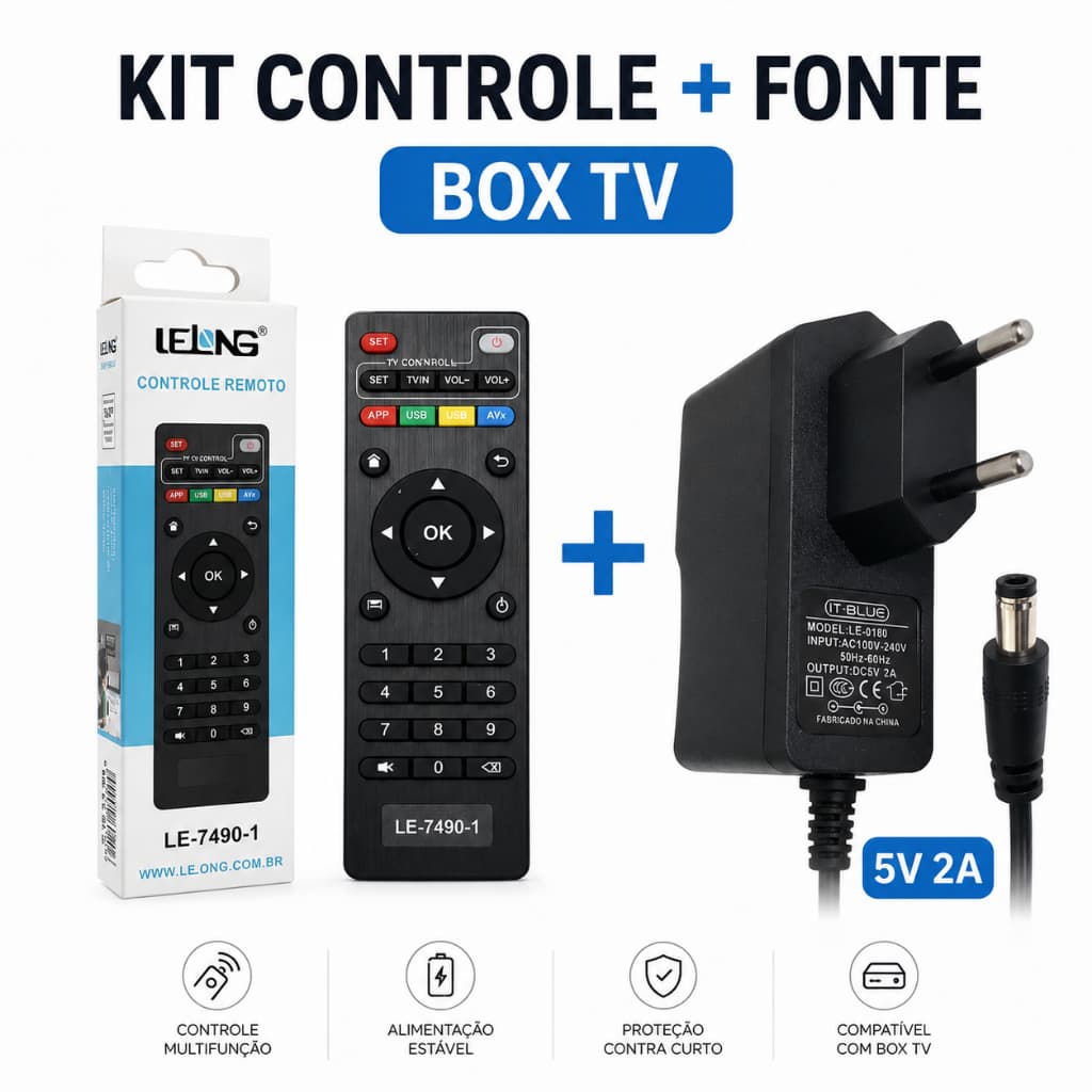 Kit Controle Remoto Universal e Fonte 5v 2A Para Box TV