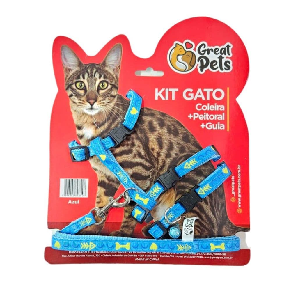 Kit Peitoral + Coleira + Guia Para Gatos Great Pets Cor Azul-celeste Viariados Tamanho Da Coleira Único