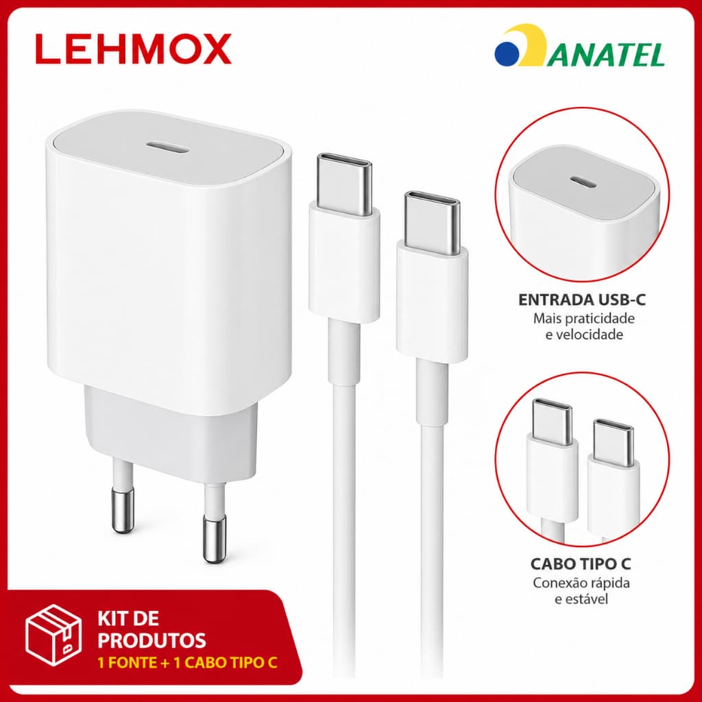 Fonte Carregador Turbo 25W + Cabo Carregador Rápido Tipo C USB-C Original Lehmox