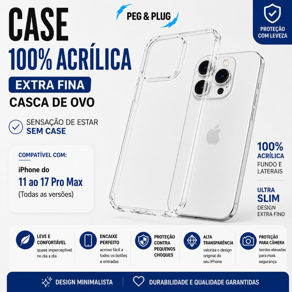 Capa Case 100% Acrílica Transparente Extra Fina Casca de Ovo para iPhone 11 ao 17 Pro Max Todas as Versões