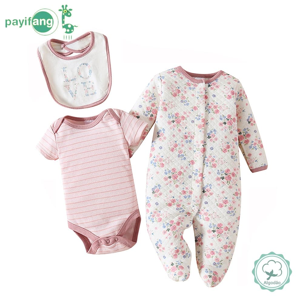 Payifang Kit Enxoval Bebê Menina 0-9 Meses 100% Algodão Floral Conjunto Mameluco Body Babero Listrado Macio