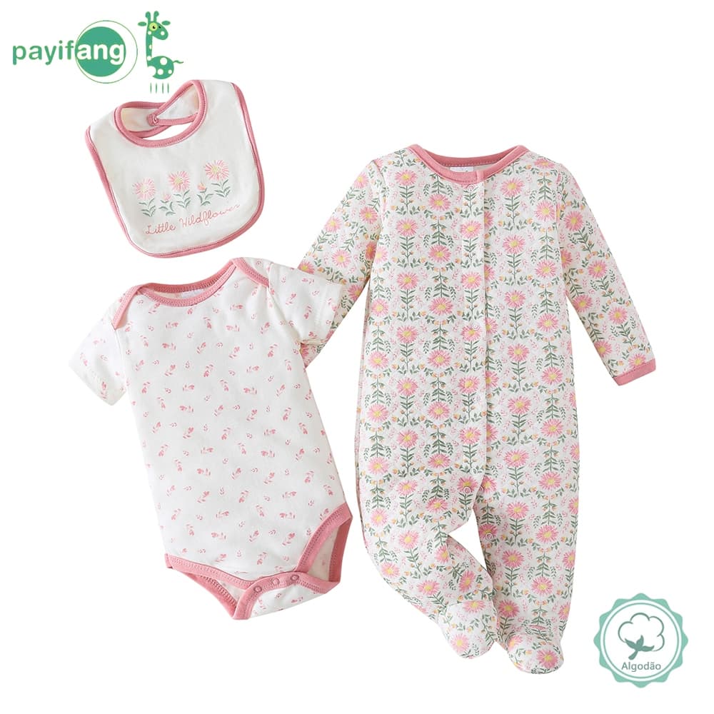 Payifang Kit Enxoval Bebê Menina 0-9 Meses 100% Algodão Flor Silvestre Mameluco com Pé Body e Babero