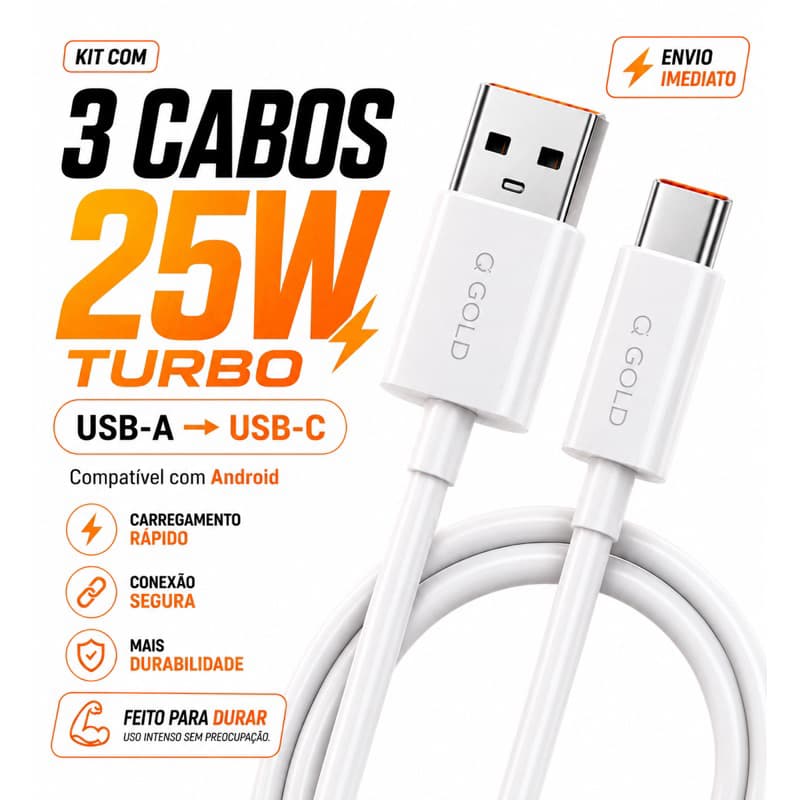 KIT 3 Cabos USB-C Tipo C Carregamento Rápido Turbo Android Smartphones Tablets 1m AGOLD