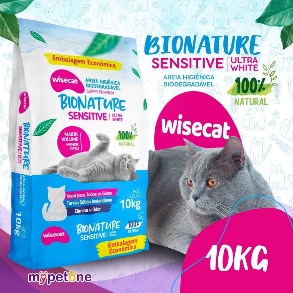 Areia Biodegradável Bionature 10kg Sensitive Sanitária Premium Para Gatos Wisecat