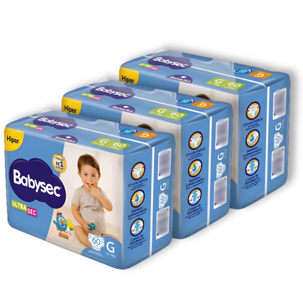 Kit 3 Fraldas Babysec Hiper - Promoção Galinha Pintadinha - Tam G - Total de 180 Unidades
